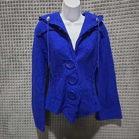 Y2K Wool Statement Sweater Jacket SzS/M Hooded Blue Mod Twee Glam Rock 60s 80s - Picture 1 of 16